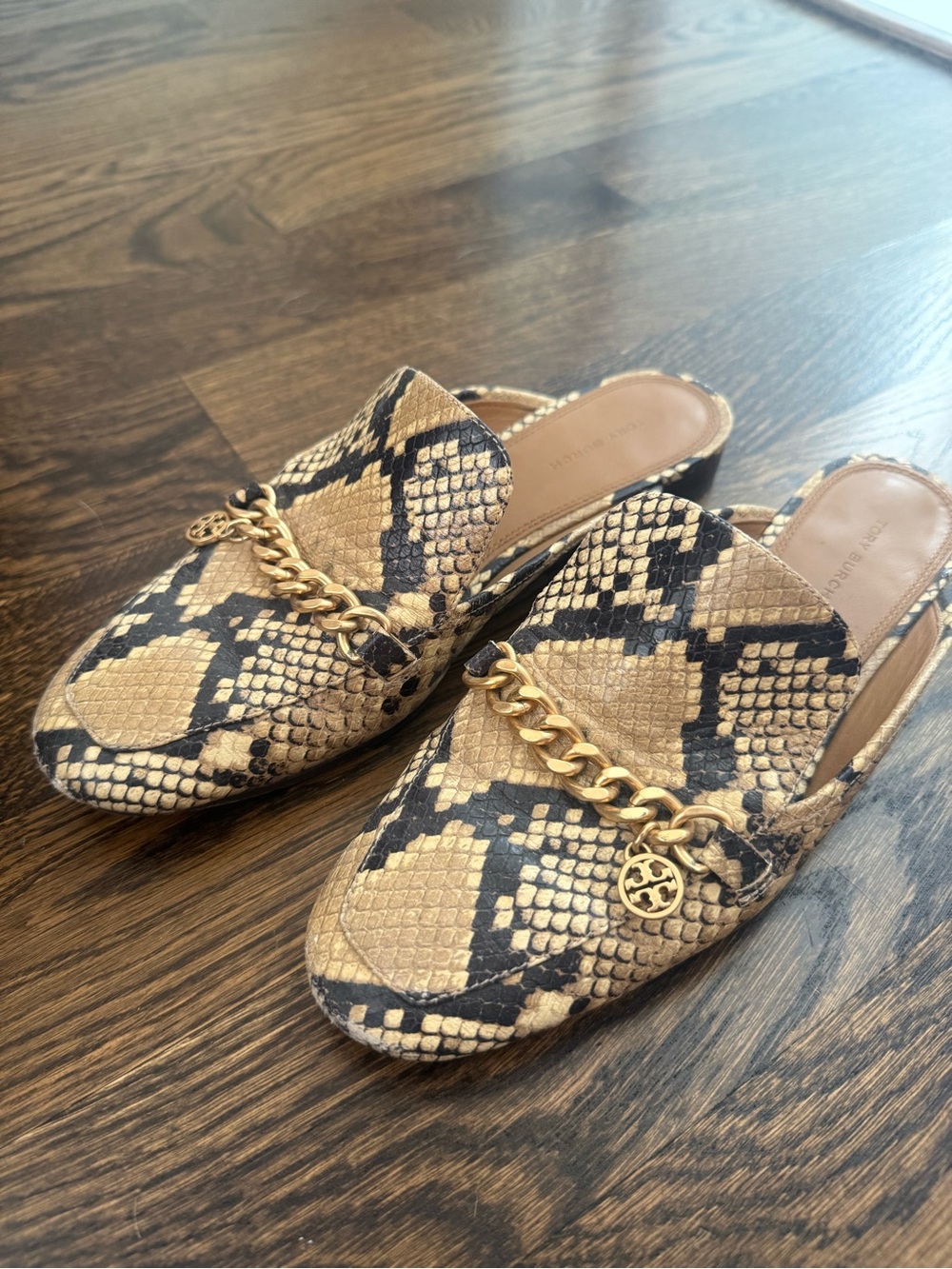 Tory Burch Snake-Print Chain Mule in Gold and Black with Box